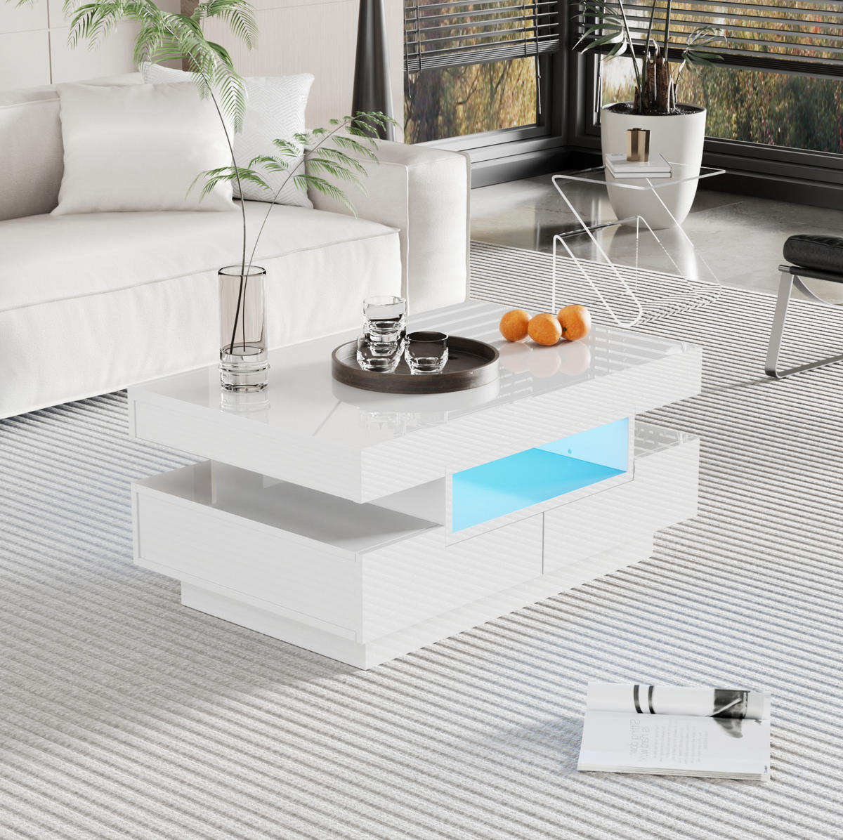 COUCHTISCH 80/50/36 cm weiß aus Spanplatte mit LED-Lichtleiste und Stauraum - Weiß, Holzwerkstoff (80/50/36cm) - OKMYHOME