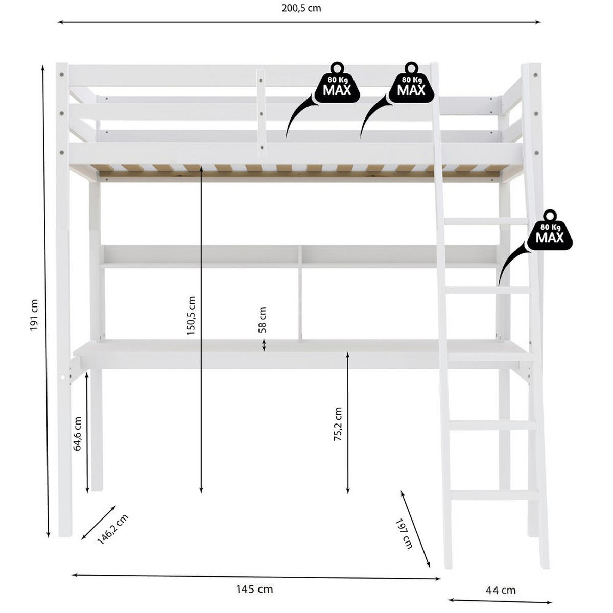 HOCHBETT STUDIO mit Schreibtisch Regal/ Hochbett 140x190 - Weiß - Weiß, Holz (140/190cm) - Weber Industries