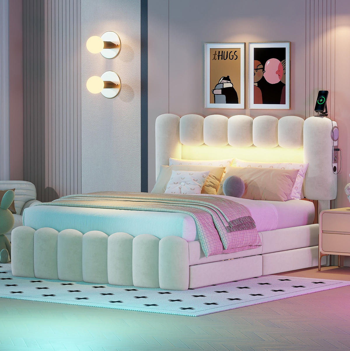 POLSTERBETT aus Samt 140 x 200 cm in Beige mit LED, USB, Lautsprechern & 4 Schubladen - Beige, Textil (140/200cm) - Modfu