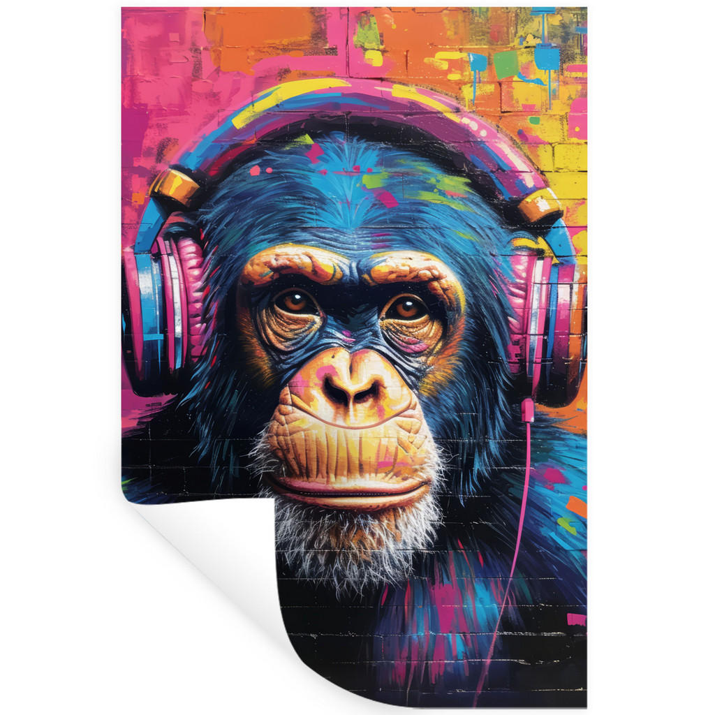 MuchoWow SAMOLEPKA NA ZEĎ Graffiti - Šimpanz - Street art - Sluchátka - Opice 80x120 cm