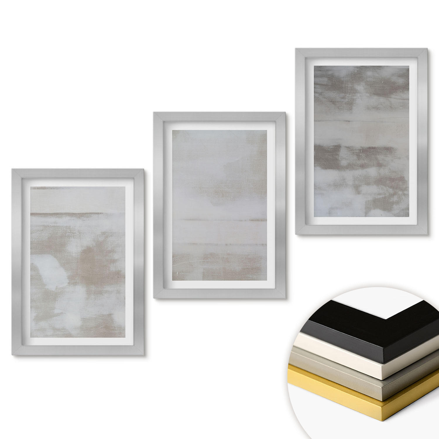 WANDBILDER 3er Set - 20x30 cm Silberner Rahmen - Moderne, Used-Look-Texturen - Silberfarben, Kunststoff (20/30cm) - ArtPrintCave