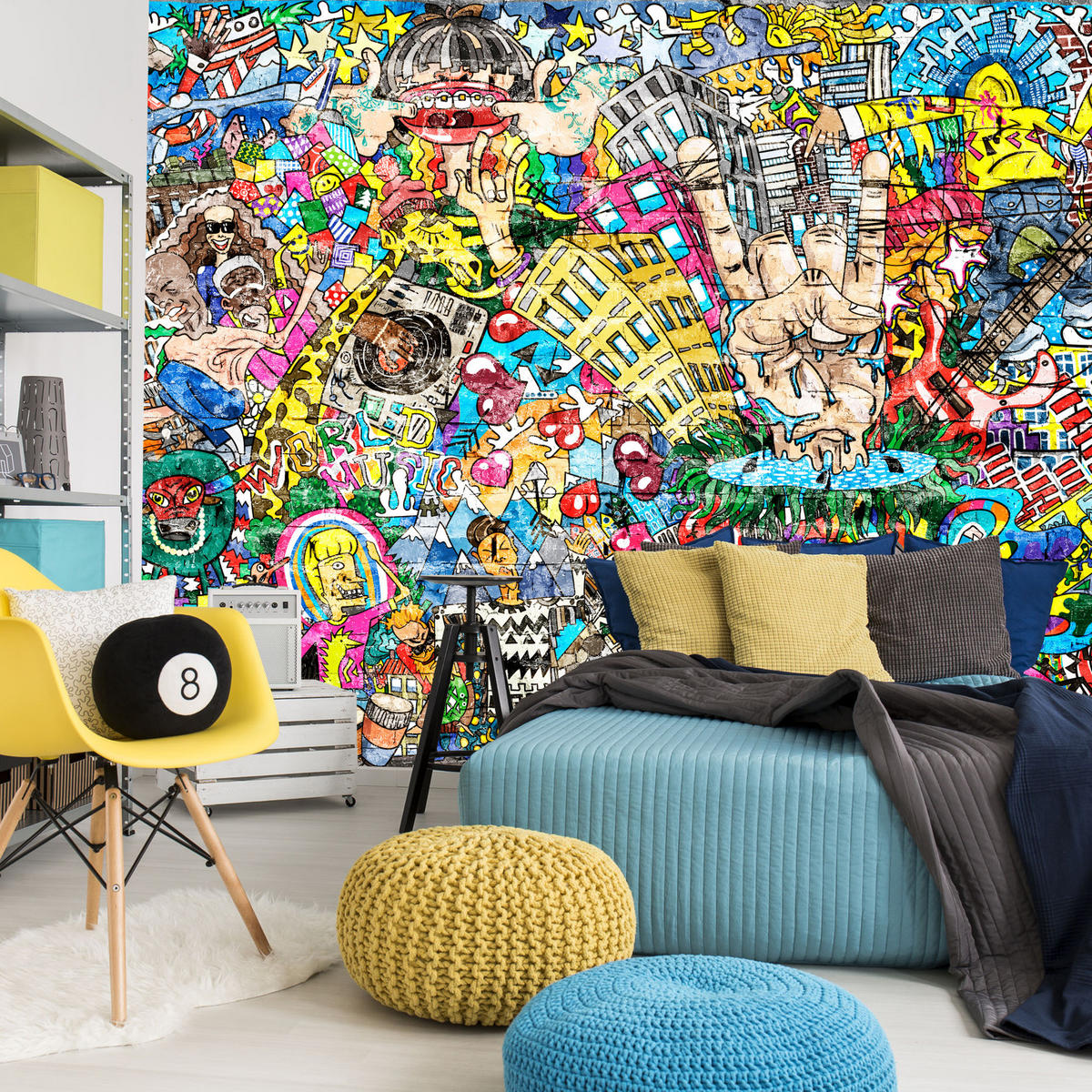 FOTOTAPETE für Jugendzimmer Buntes Graffiti Streetart Bunt 300x210 - Türkis/Gelb, Papier (300/210cm) - Muralo