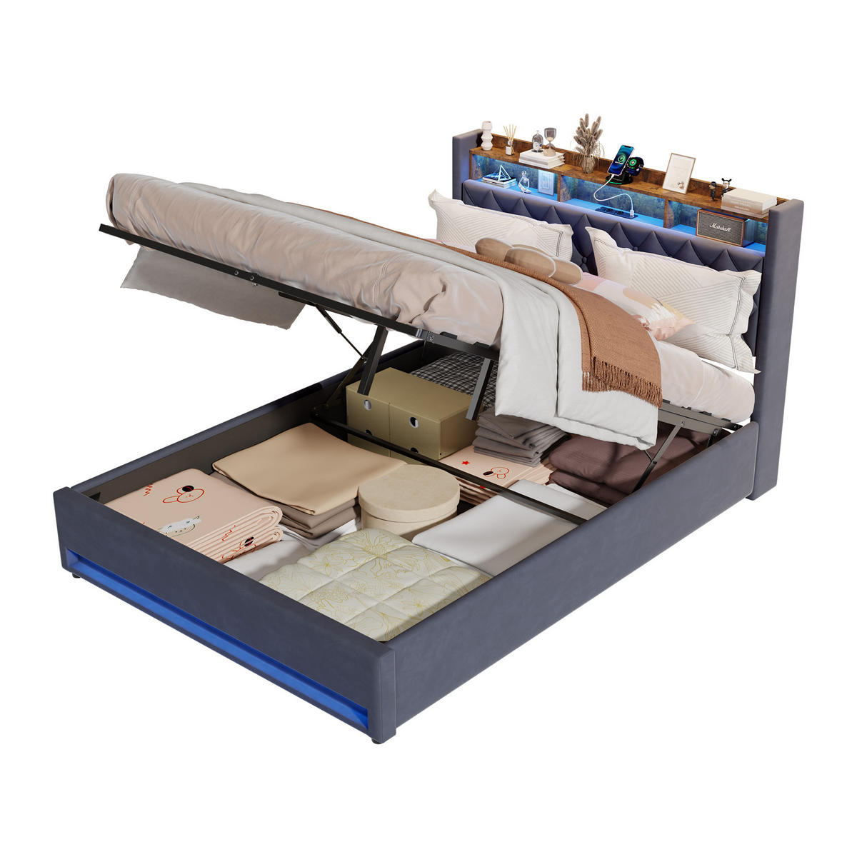 POLSTERBETT 160/200 cm Grau mit LED-Lichtleiste und USB-Anschlüssen - Grau, Holzwerkstoff (160/200cm) - OKWISH