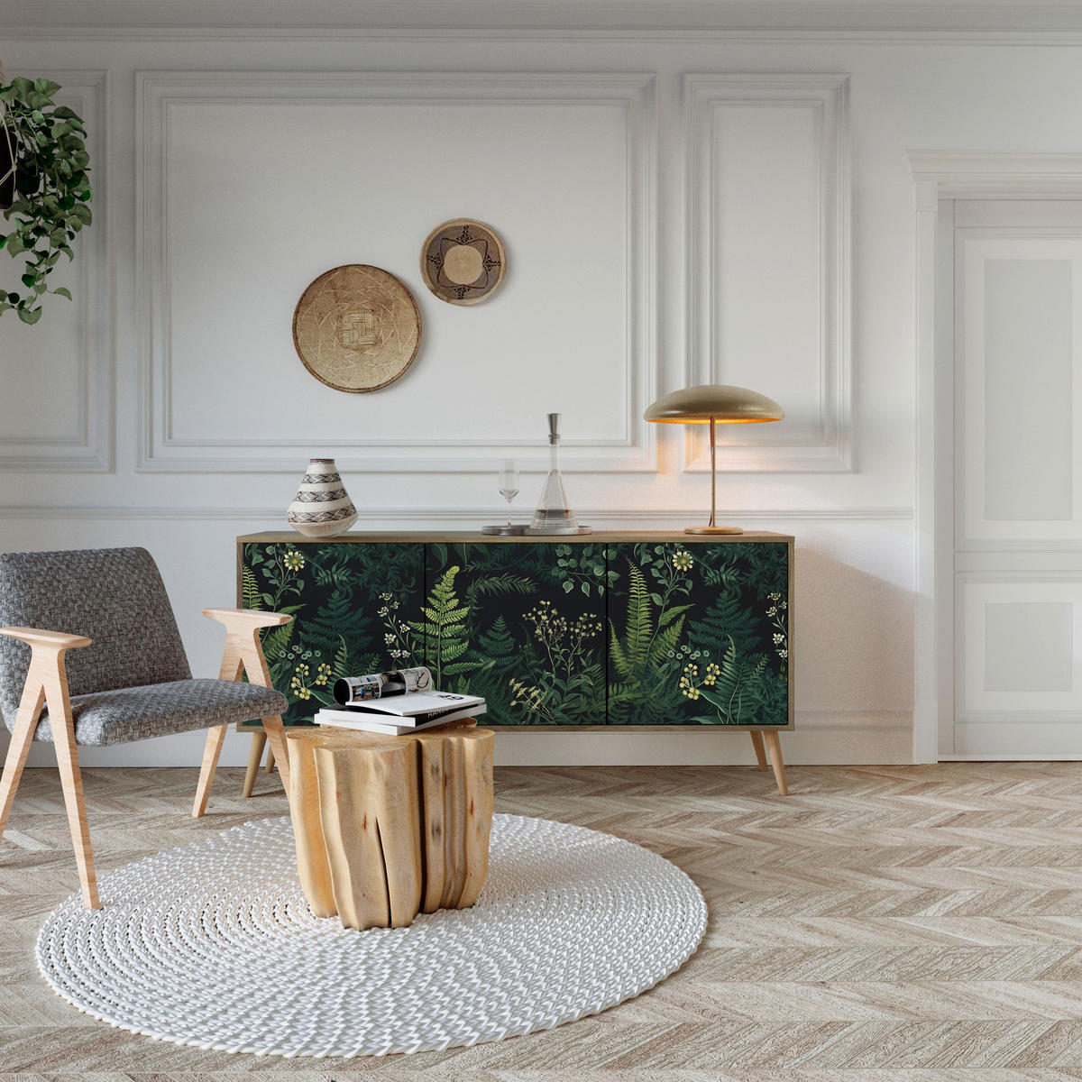 SIDEBOARD FERN FLOWERS, Eicheneffekt, 164,5x42x77,5 cm, 3 Türen - Eichefarben/Buchefarben, Holzwerkstoff/Buchenholz (164.5/77.5/42cm) - SpaceRebels