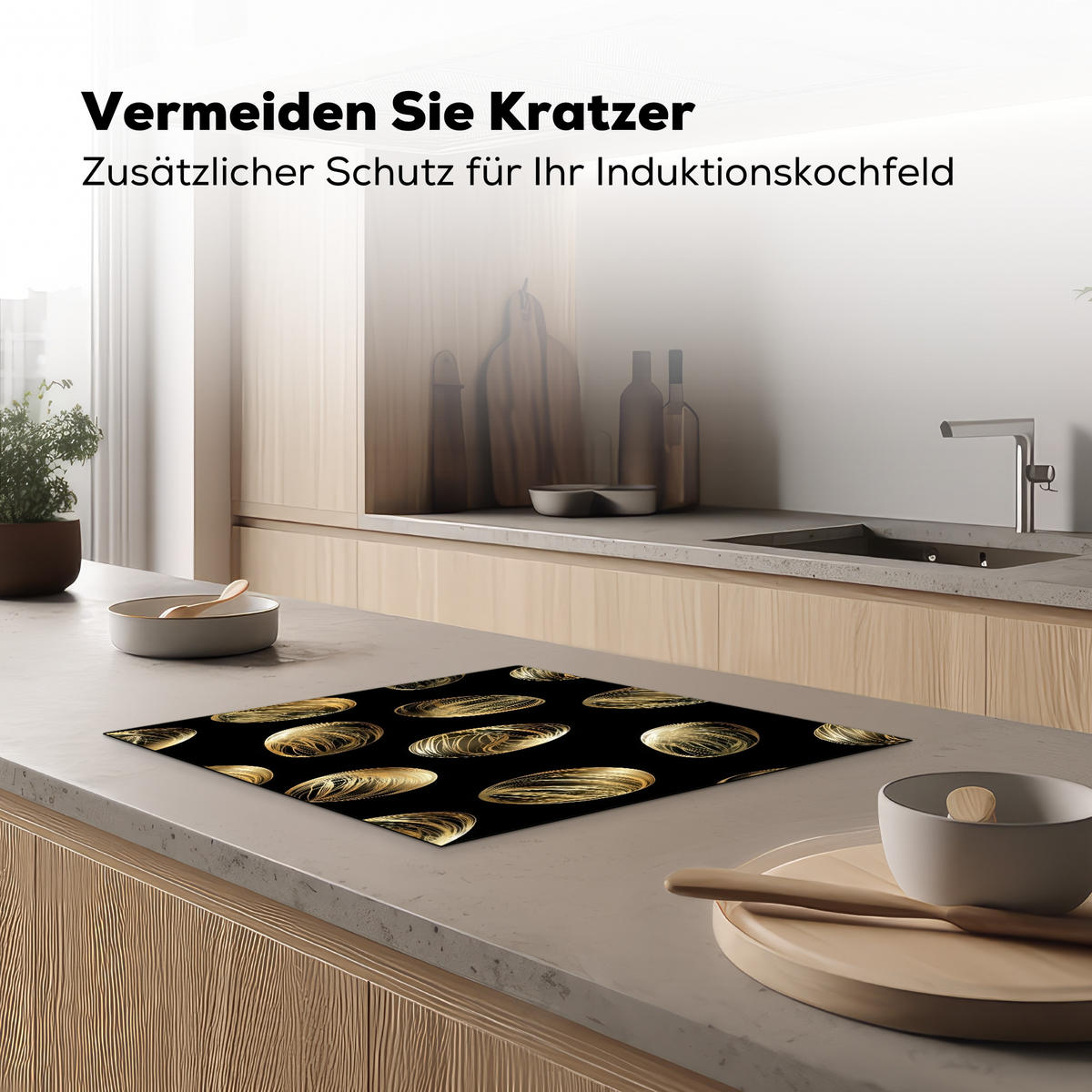 HERDABDECKPLATTE Eier - Gold - Muster Herdabdeckung Induktionsfeld 60x52 cm - Schwarz, Kunststoff (60/52/0.2cm) - MuchoWow