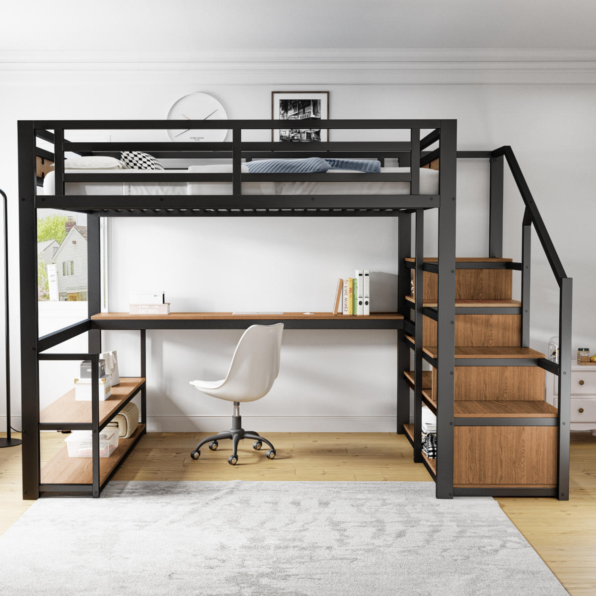 HOCHBETT 140/200 cm Schwarz aus Metall und MDF mit Regalen und Tisch - Schwarz, Metall (140/200cm) - OKMYHOME