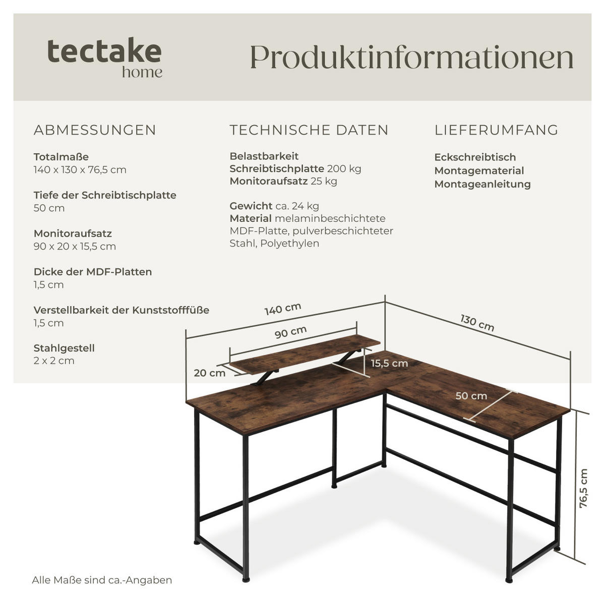 SCHREIBTISCH Melrose,140 x 130 x 76,5 cm,Industrial Holz dunkel, rustikal - Rostfarben, Holz (140/130/76.5cm) - tectake
