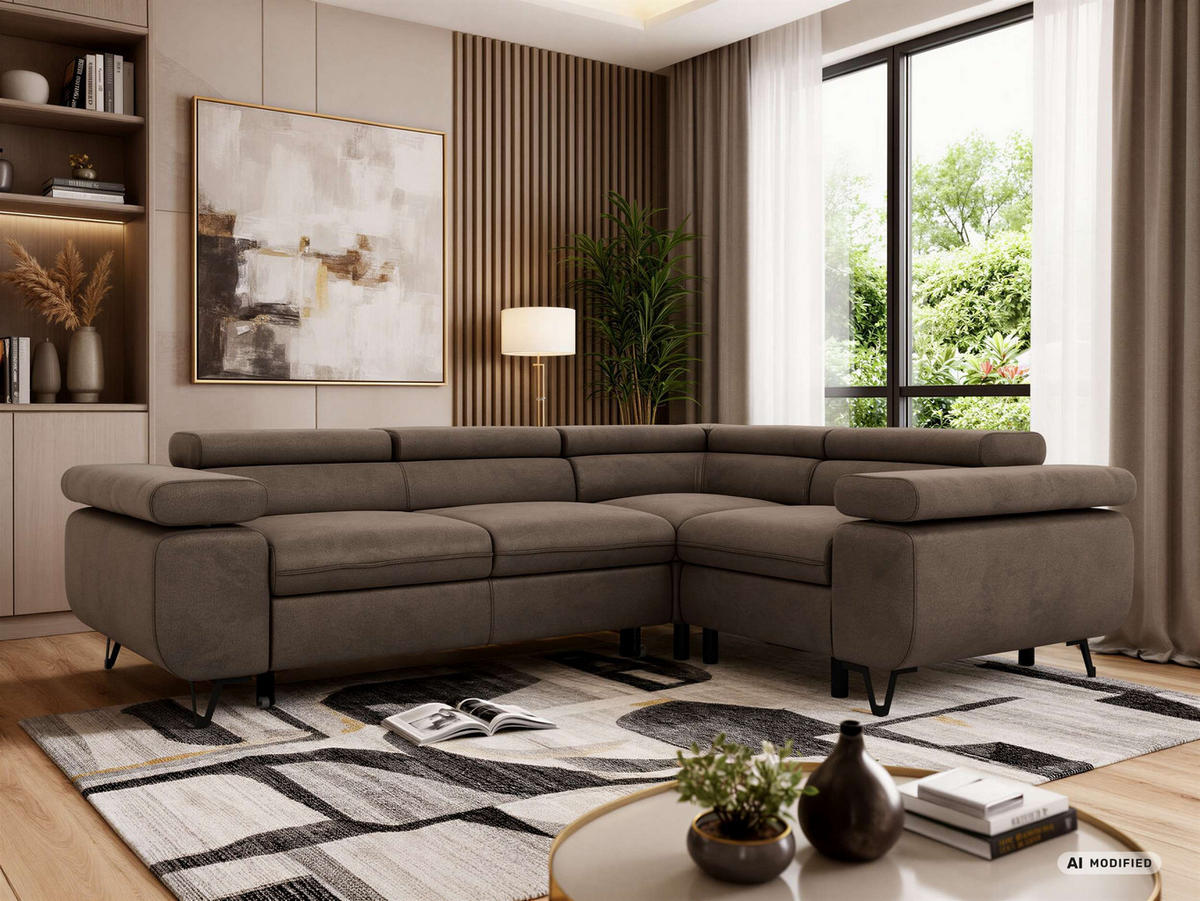 ECKSOFA FALCO L - Braun Velvet - Rechts Seite - Dunkelbraun/Schwarz, Textil/Metall (268/197cm) - MKS