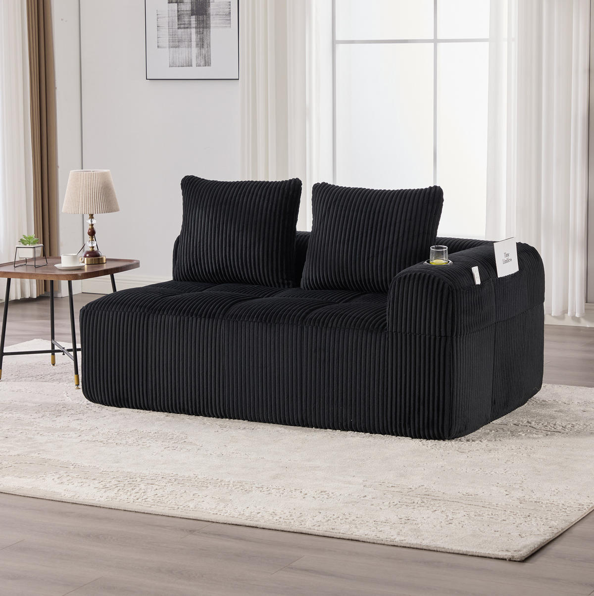 2-SITZER-SOFA aus Cord 158x93x61 cm in Schwarz mit Seitenfächern & Becherhaltern - Schwarz, Textil (93/61/158cm) - Modfu