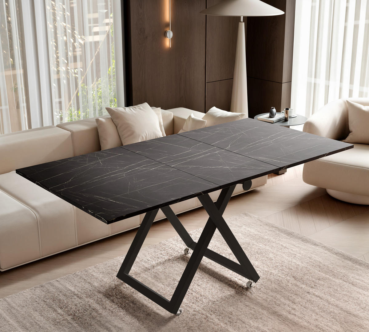 COUCHTISCH ARIA 120-160/80 cm, Höhenverstellbar, Schwarz / Grigia Pietra (Steingrau) - Schwarz/Grau, Holzwerkstoff/Metall (120/80/38cm) - Idohome