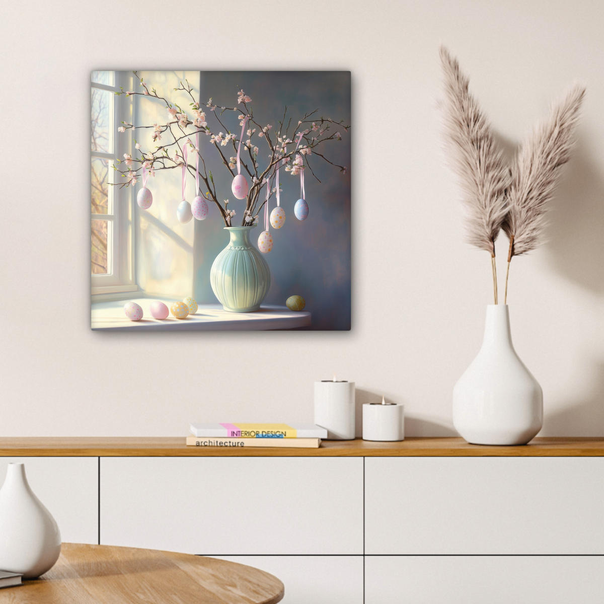 LEINWANDBILD Stillleben - Vase - Osterzweig Wandbild Wohnzimmer 50x50 cm - Hellblau, Textil (50/50cm) - MuchoWow