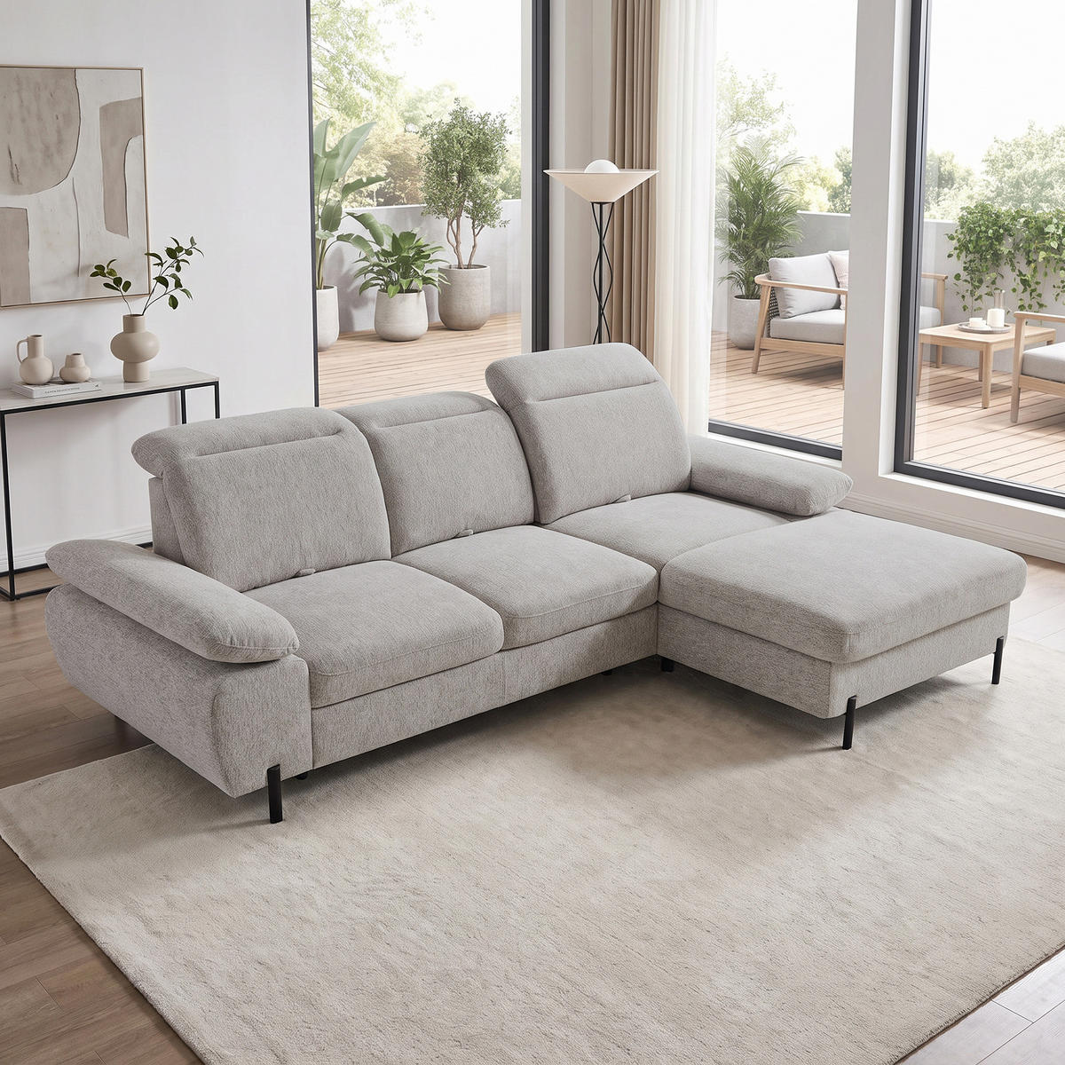 ECKSCHLAFSOFA Sora Mini mit verstellbaren Kopfstützen und Schlaffunktion, Chenille-Stoff, Dunkelbeige, Rechts - Beige/Schwarz, Textil (190/285cm) - Beautysofa