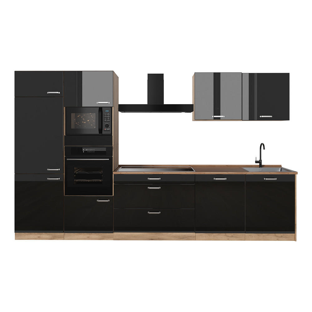 Vicco Küchenzeile Schwarz Hochglanz, Eiche 340x206.8x46 cm