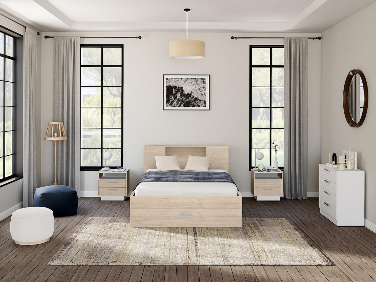 BETT mit Kopfteil, Stauraum & Schubladen + Lattenrost - 140 x 190 cm - Naturfarben - LEANDRE - Naturfarben, Holz (140/190cm) - Vente-Unique