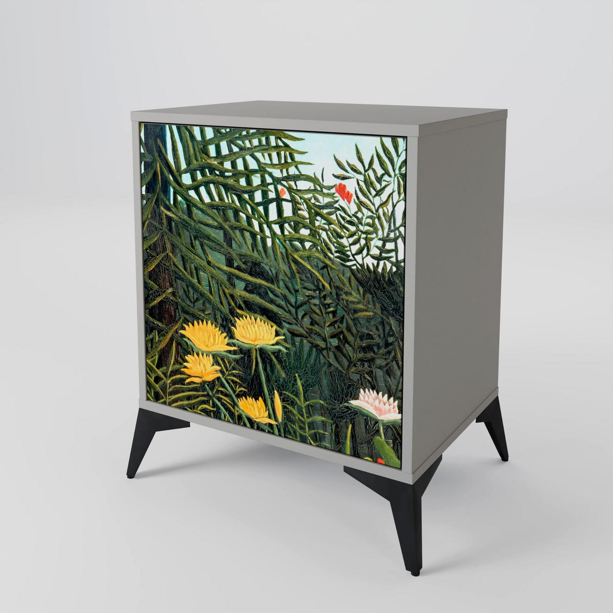 SIDEBOARD VIRGIN FOREST WITH SUNSET, Grau, 57,5x42x77,5 cm, Schräge Buchenholzfüße - Buchefarben/Multicolor, Holzwerkstoff/Buchenholz (57.5/77.5/42cm) - SpaceRebels