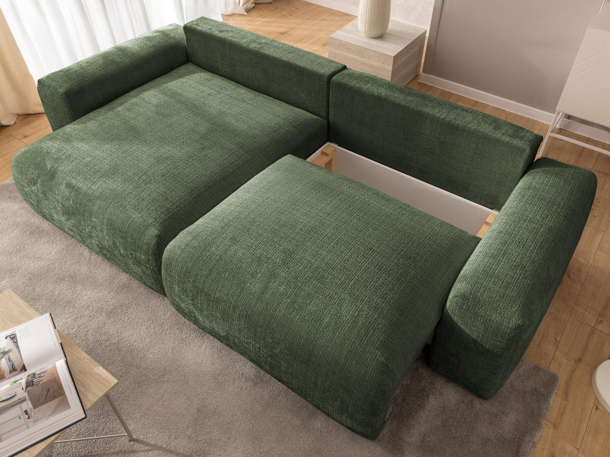 ECKSOFA Puffy mit Schlaffunktion und Bettkasten - besonders weich und puffig aus Grün Chenille-Stoff - Ottomane links - Schwarz/Grün, Holz/Kunststoff (138/266cm) - S-Style Möbel