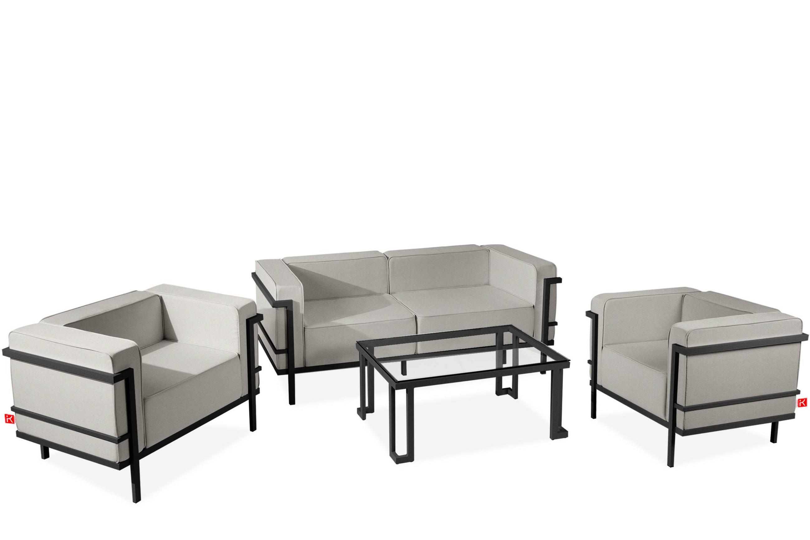 GARTENLOUNGE-SET TRIGLO 4-tlg., 1x Tisch, 2x Sessel, 1x Sofa 2-Sitzer, Modern, Dunkelgrau/Hellgrau - Dunkelgrau/Hellgrau, Textil/Metall - KONSIMO®