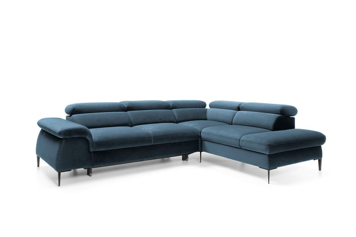 ECKSOFA MESTO Blau Velours-Stoff mit Schlaffunktion - Blau, Holz (280/214cm) - MASSENO