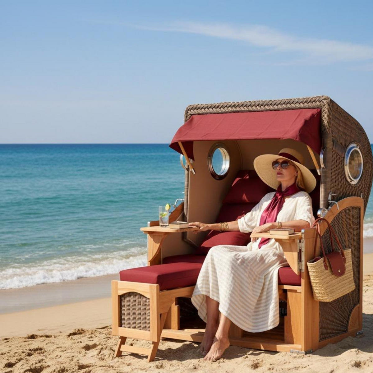 STRANDKORB Düne 2 Sitzer Teak PE Grey - Rot/Braun, Holz/Metall (125/170/80cm) - Mr. Deko