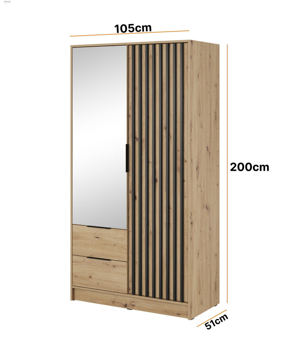 KLEIDERSCHRANK Stilo in Eiche Artisan, zweitürig, mit Spiegel und Lamellen an der Vorderseite - Schwarz/Eiche Artisan, Holzwerkstoff/Kunststoff (105/200/51cm) - Ravio