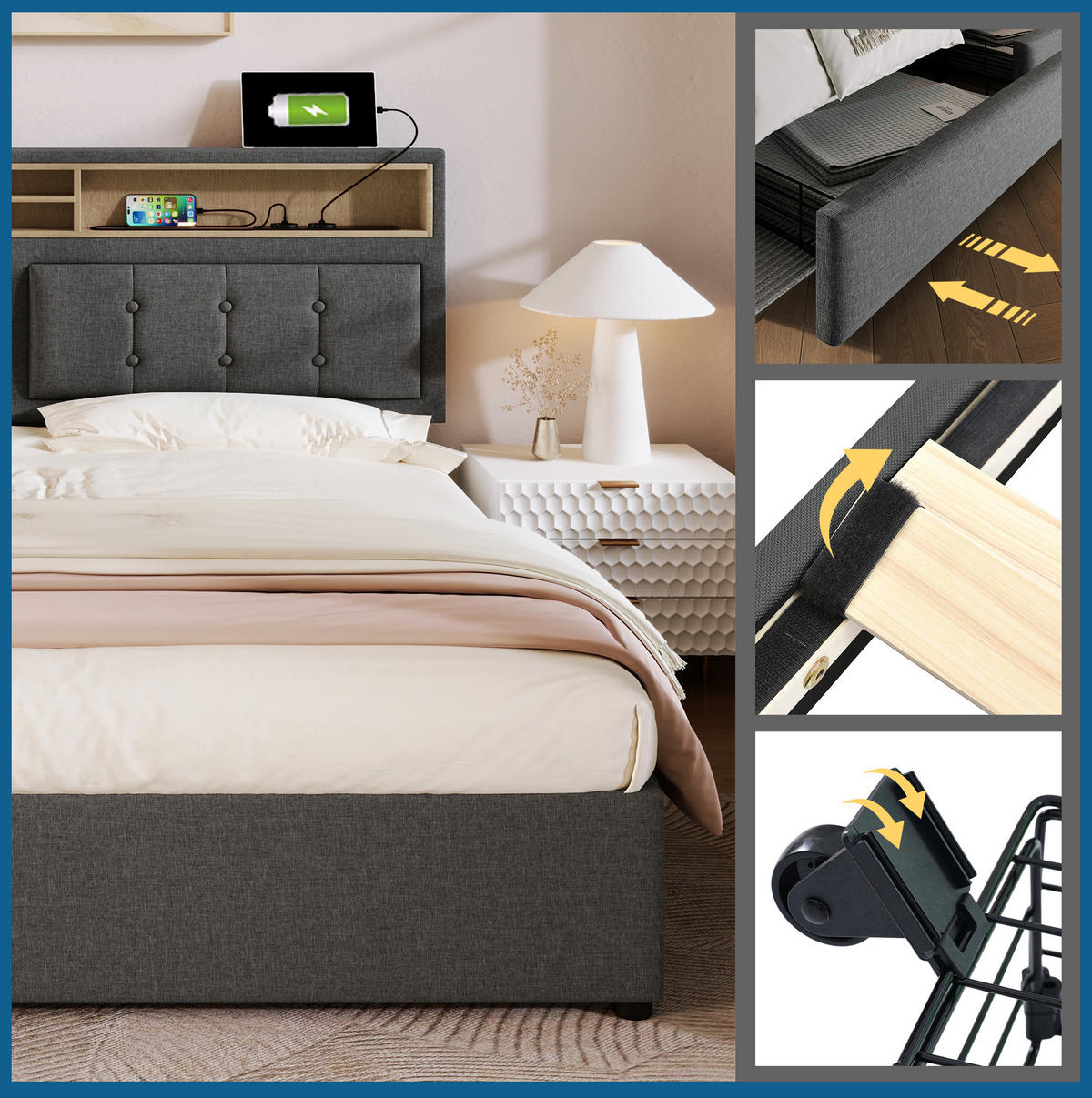 POLSTERBETT 160/200 cm mit 4 Schubladen, USB/Steckdosen & verstellbarem Kopfteil, Grau - Grau, Textil (160/200cm) - Redom
