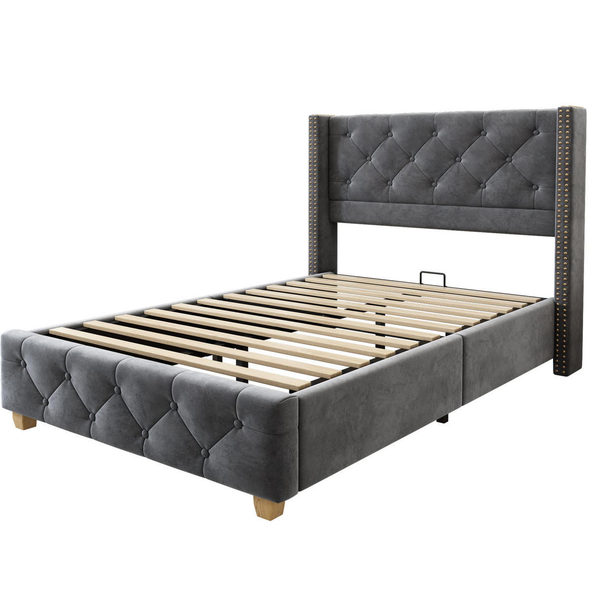 POLSTERBETT 90/200 cm Grau mit Lattenrost und Kopfteil, Samt und Nieten - Grau, Textil (90/200cm) - OKWISH