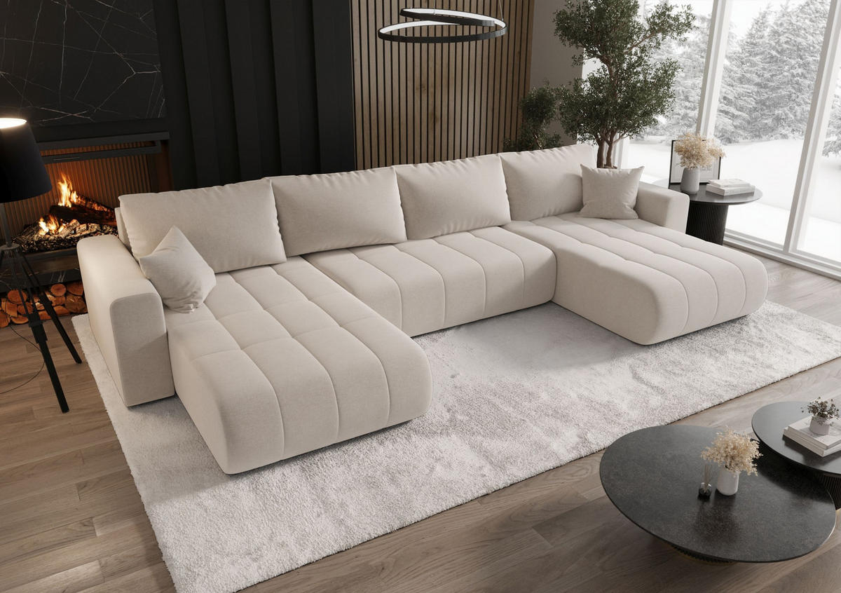 WOHNLANDSCHAFT LARA U-Form hellbeige Strickstoff Wind 5 - Schlaffunktion, Bettkasten - Weiß, Textil (385/85/175cm) - Cornero