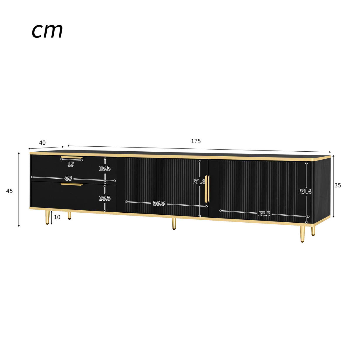TV Lowboard Strukturfront, Marmoroptik, Schwarz Gold - Schwarz, Holz (175/45/40cm)