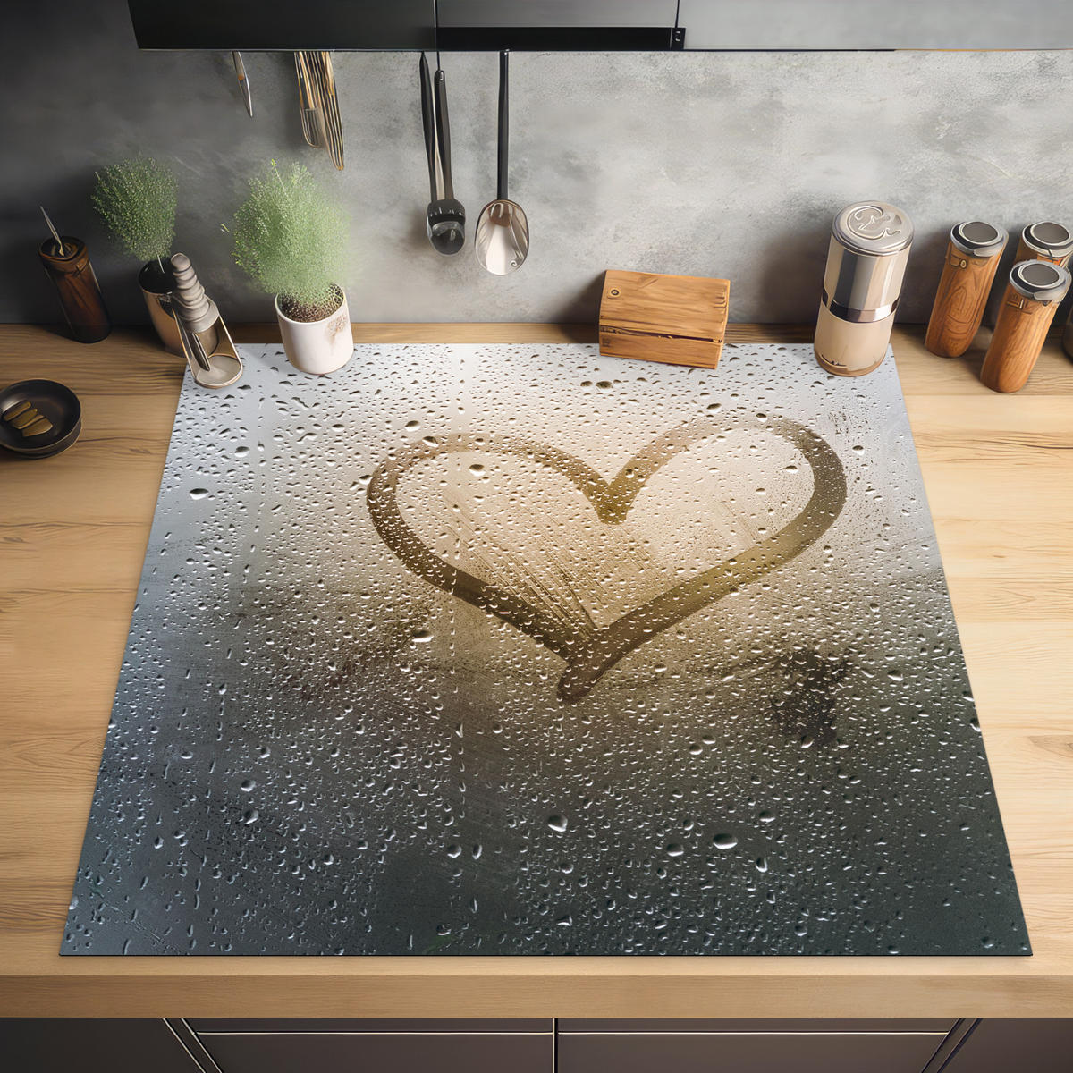 HERDABDECKPLATTE Herz - Kondenswasser - Wasser - 3D Induktionsmatte 78x78 cm - Grau, Kunststoff (78/78/0.2cm) - MuchoWow