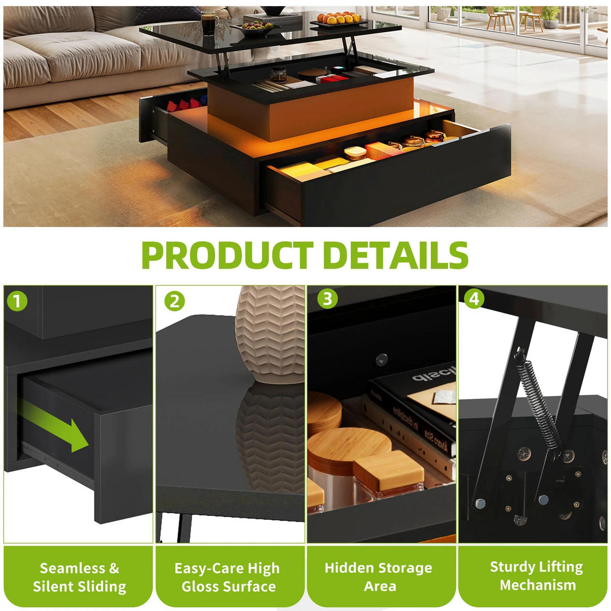 COUCHTISCH Lift-Top, rechteckig, 2 Schubladen mit LED-Beleuchtung - Schwarz, Holzwerkstoff (55/85/56cm) - Kaket