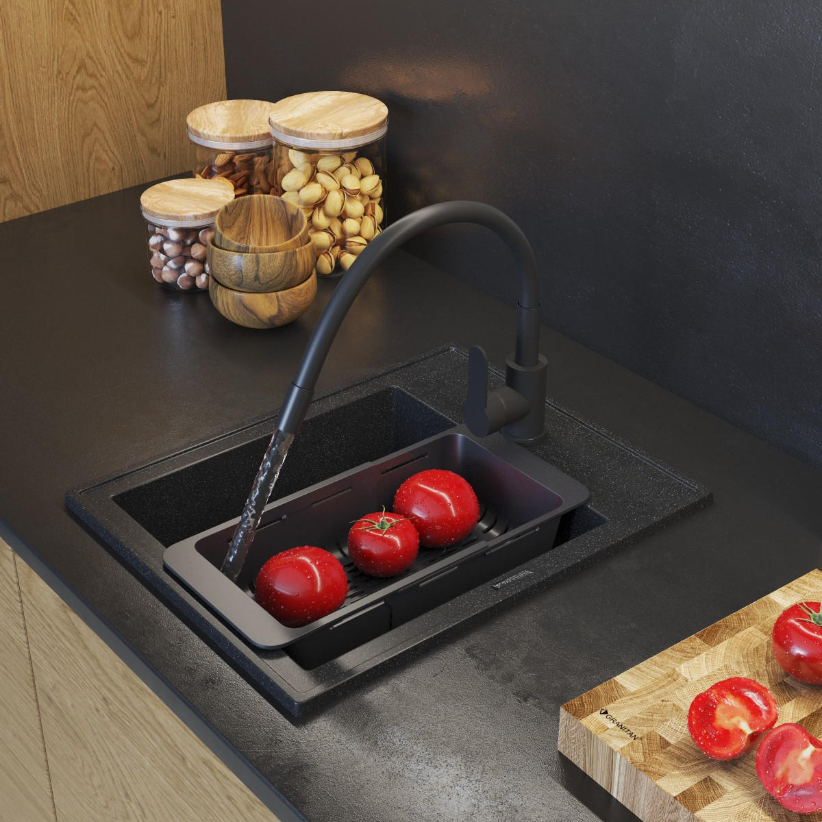 GRANITSPÜLE Nero mit Batterie - Schwarz, Kunststoff/Stein (40/20/50cm) - Granitan
