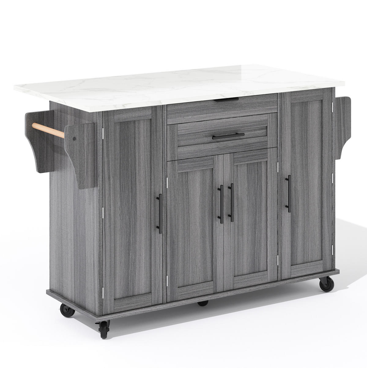 KÜCHENINSEL aus MDF 136x70x92 cm Grau mit ausziehbarer Arbeitsplatte, Rollen, versteckter Besteckschublade und Stauraum - Grau, Holzwerkstoff (136/92/70cm) - Modfu