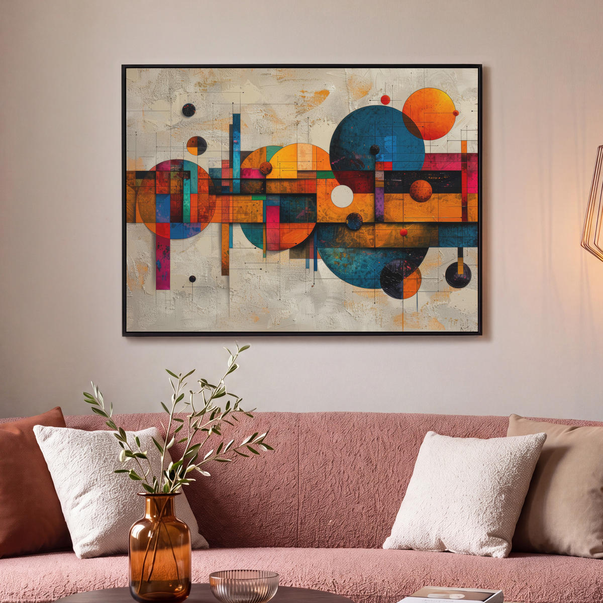 LEINWAND Bilder mit Rahmen - Vintage - Moderne Kunst - Orange - Geometrische Formen - 100x70 - Multicolor, Textil (100/70cm) - MuchoWow