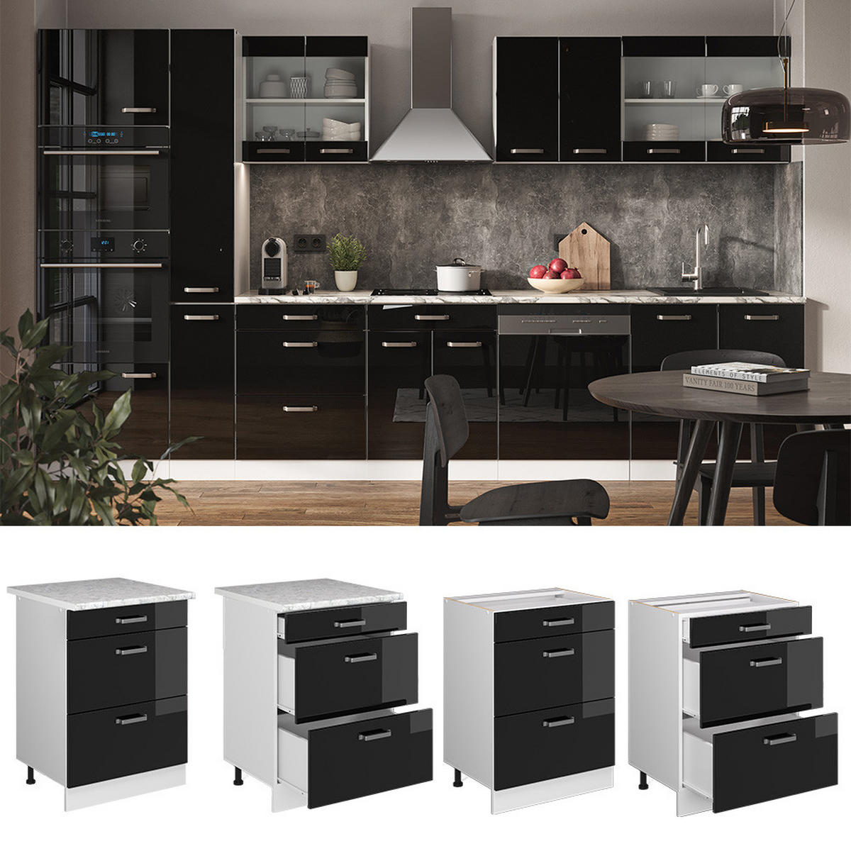 KÜCHENUNTERSCHRANK R-Line Schwarz Hochglanz 60 cm mit Schubladen AP Eiche - Schwarz Hochglanz/Schwarz, Holzwerkstoff (60/81.6/60cm) - Vicco