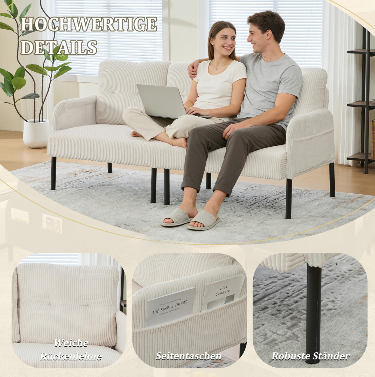 3-SITZER-SOFA 171/72/80 cm aus Cord mit Seitentasche Beige - Beige, Textil (72/80/171cm) - Modenvie