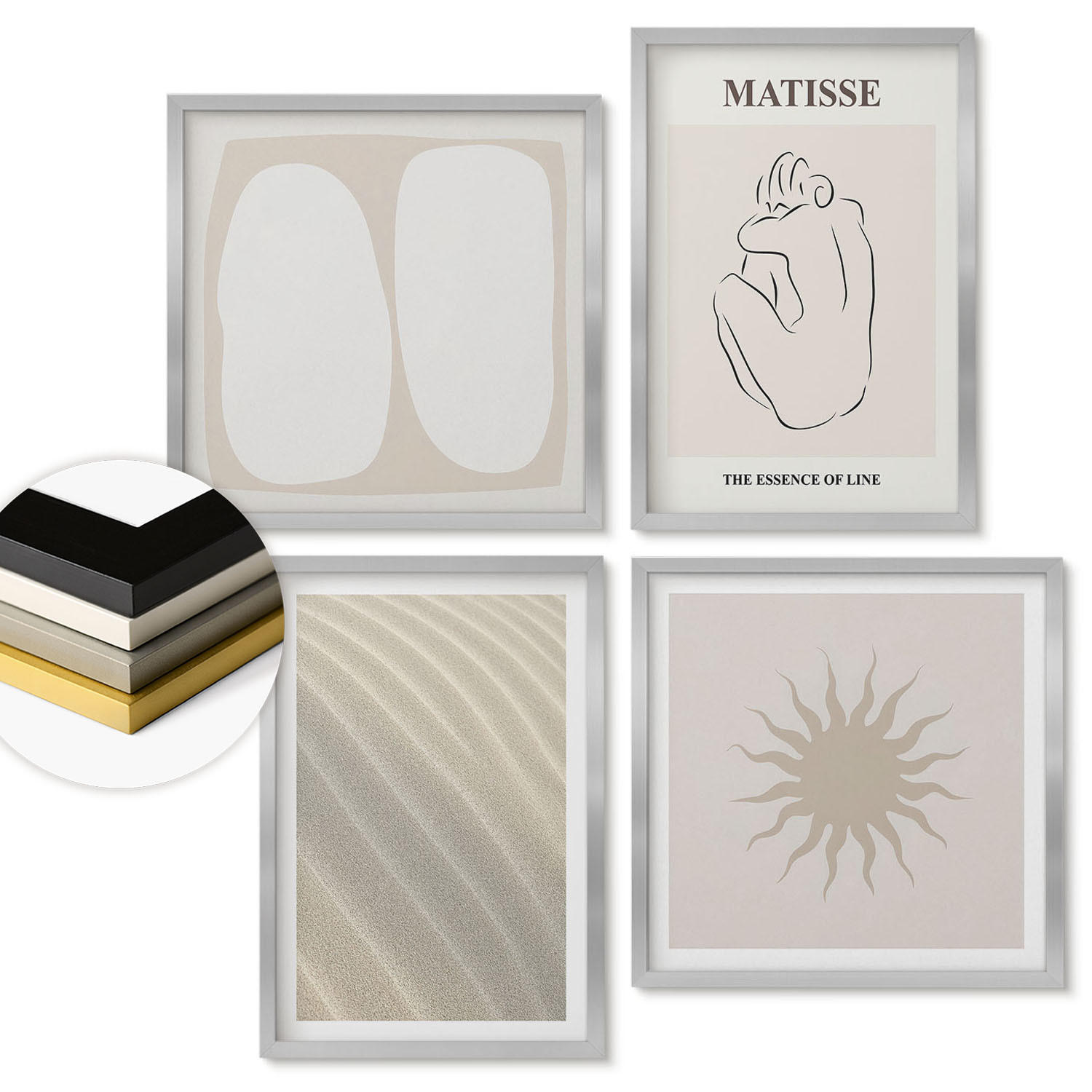 WANDBILDER 4er Set - 50x50 cm & 40x60 cm Silberner Rahmen - Minimalistische Sandwellen - Silberfarben, Kunststoff (50/50cm) - ArtPrintCave