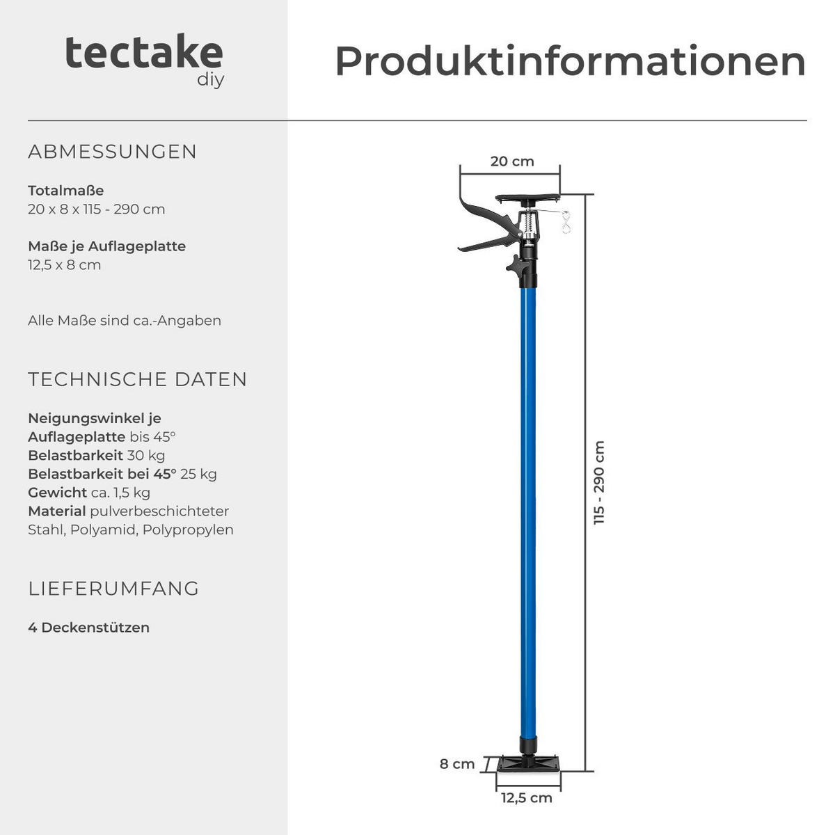 TELESKOPSTÜTZEN 4er Set, mit Schnellspannsystem, blau - Blau, Textil - tectake