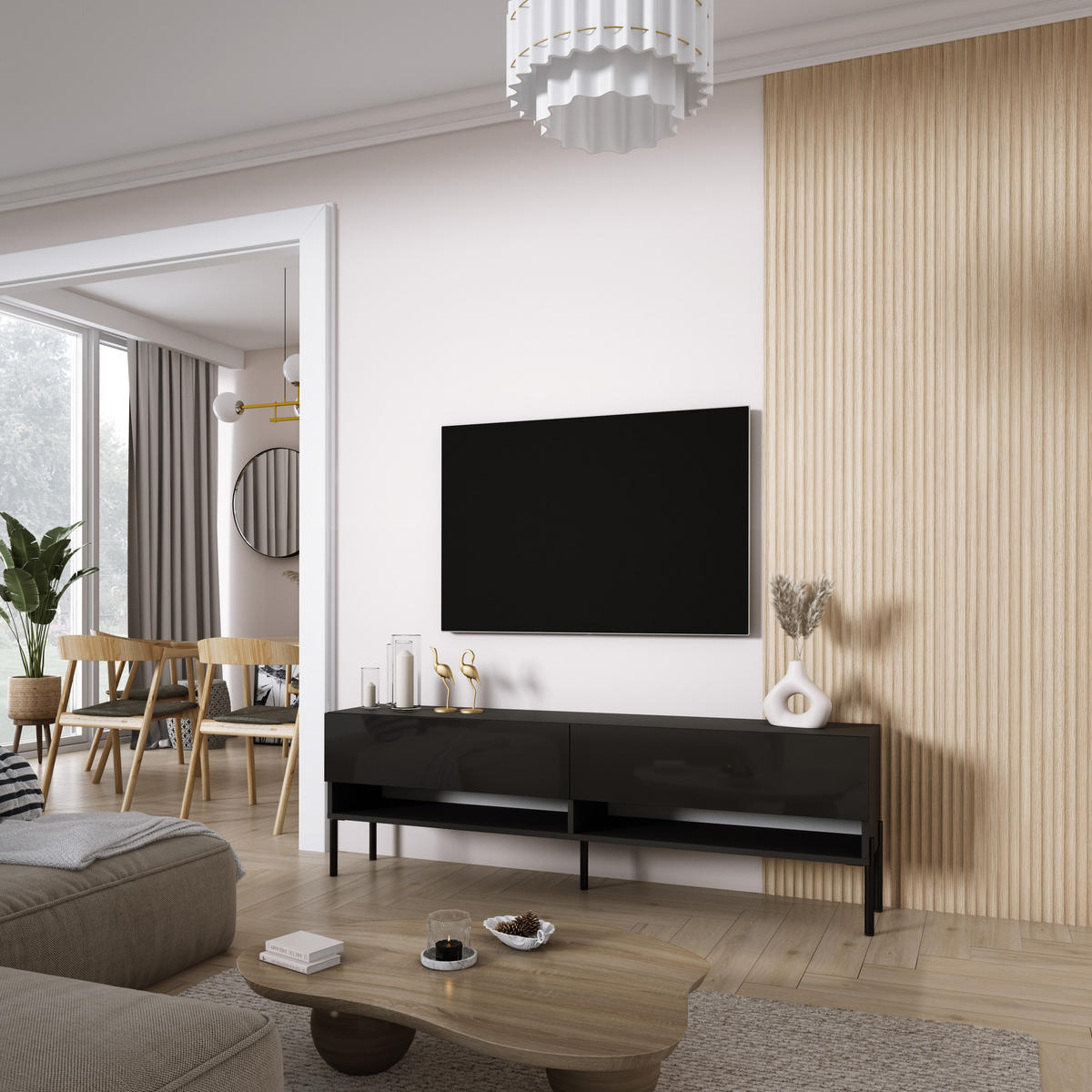 TV-LOWBOARD 170 cm Mattschwarz / Hochglanzschwarz, gerade schwarze Beine, 170 × 32 × 52 cm - Schwarz, Holzwerkstoff (170/52/32cm) - 3XE LIVING