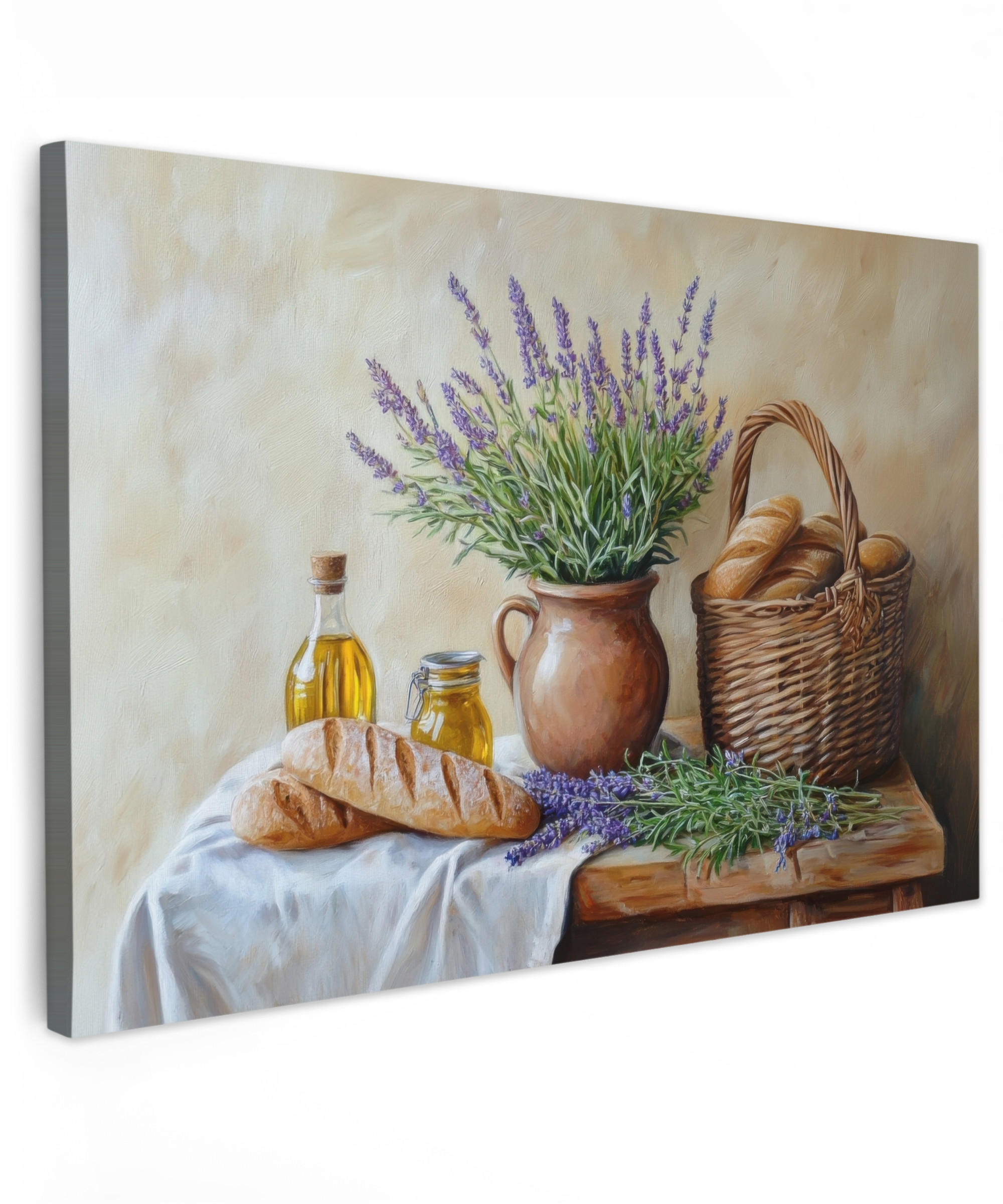 LEINWANDBILD Lavendel - Brot - Stilleben Gemälde 60x40 cm - Flieder, Textil (60/40cm) - MuchoWow