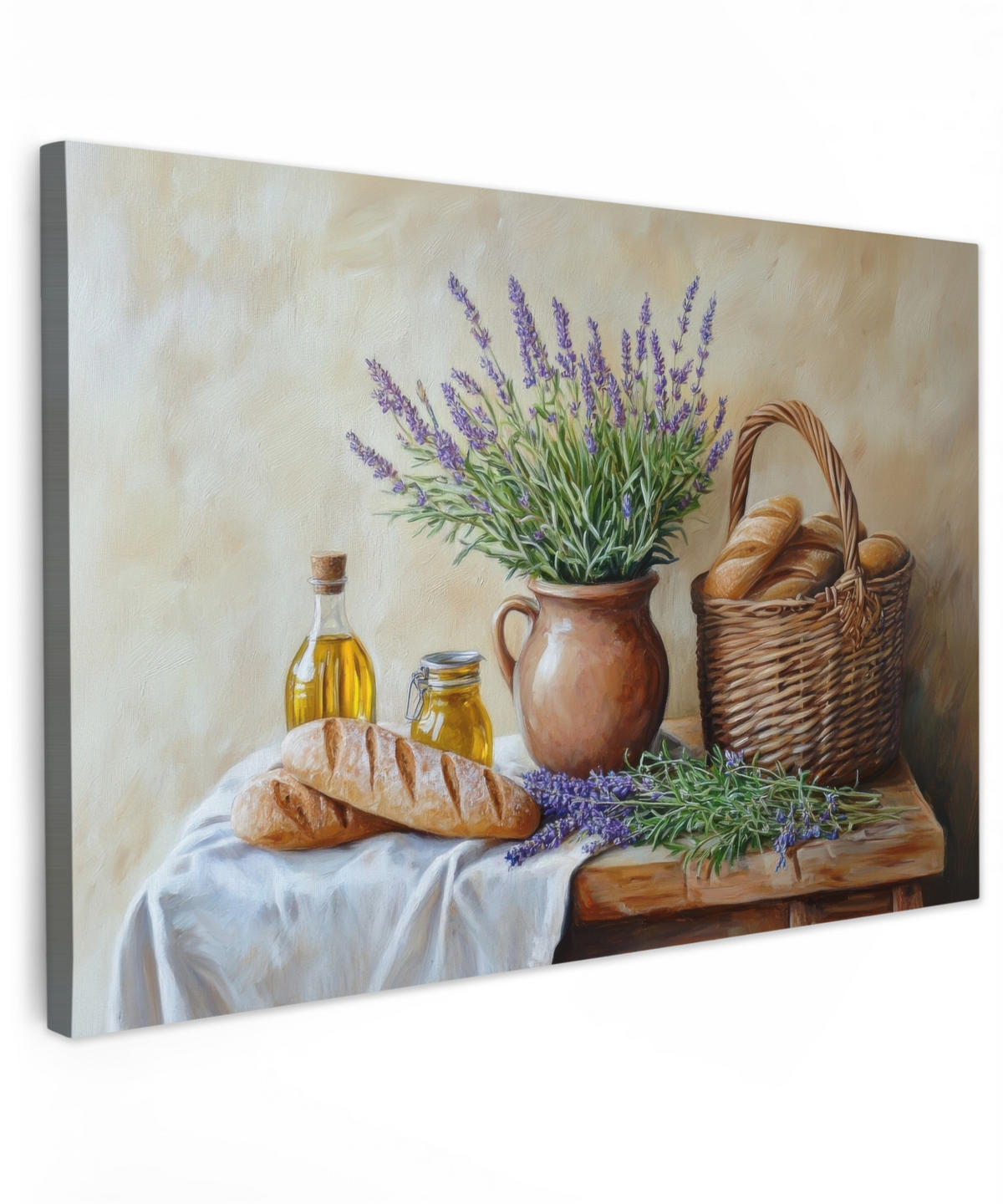 LEINWANDBILD Lavendel - Brot - Stilleben Wohnzimmer Groß 120x80 cm - Flieder, Textil (120/80cm) - MuchoWow