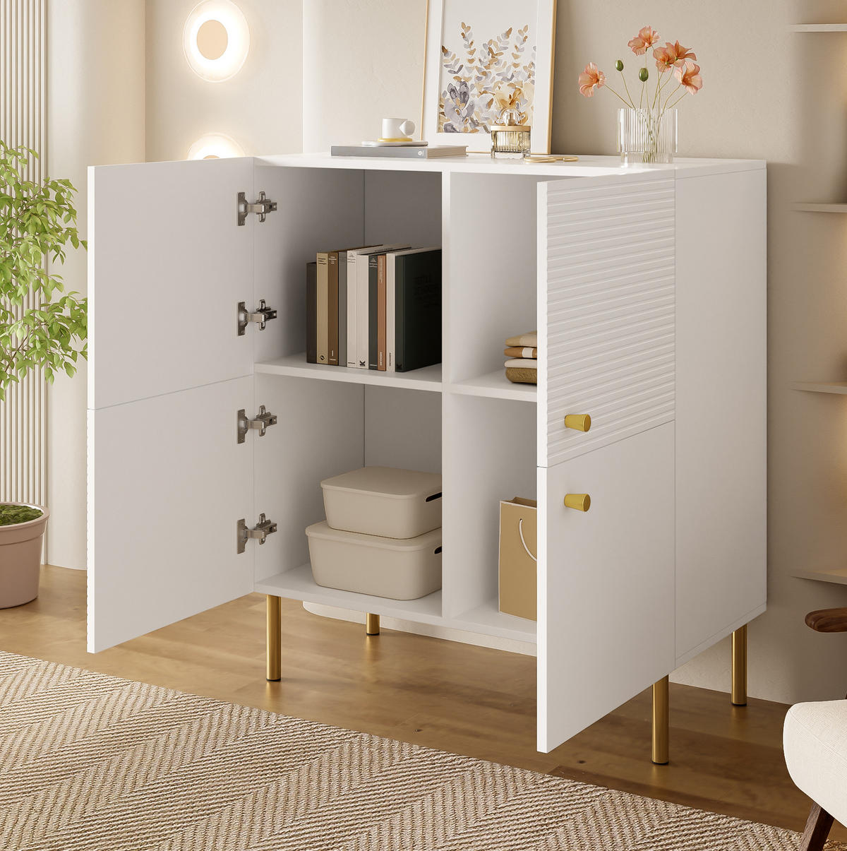 SIDEBOARD 80/36/90 cm weiß aus MDF mit Stahlbeinen - Weiß, Holzwerkstoff (36/90/80cm) - OKWISH