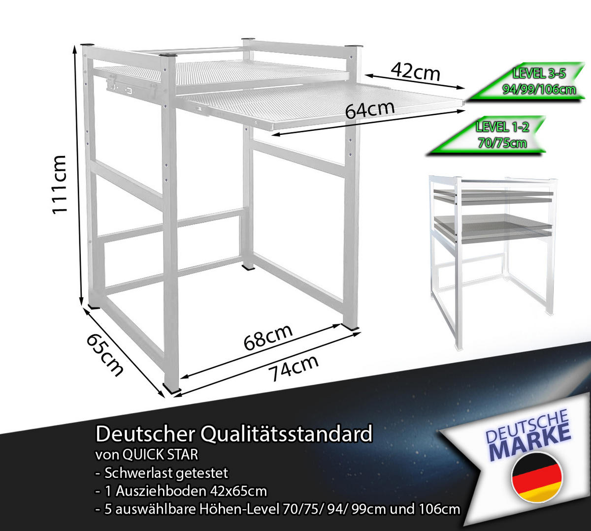 WASCHMASCHINENREGAL 73x64x110 cm - Weiß, Metall (73/110/64cm) - QUICK STAR