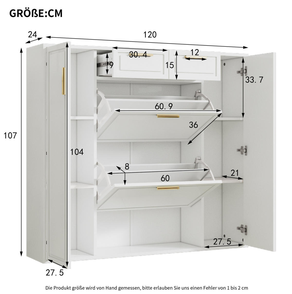 SCHUHSCHRANK 120/24/107 cm mit verstellbaren Regalen, 2 Schubladen und Klapptüren, MDF und Spanplatte, Weiß - Weiß, Holzwerkstoff (120/107/24cm) - Redom