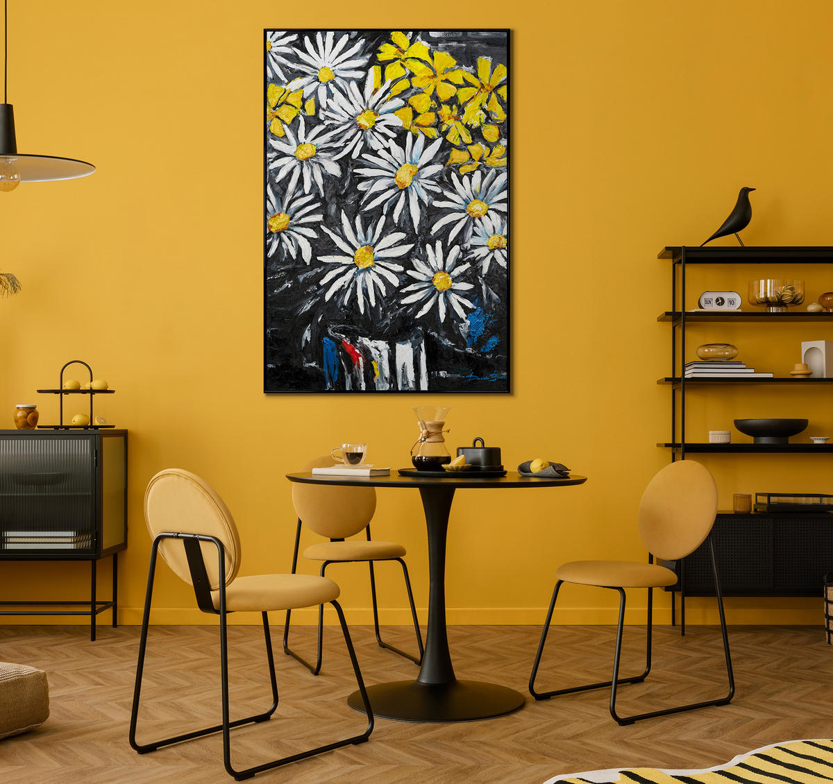 GEMÄLDE Schneeweiße Margeriten Schattenfugenrahmen Schwarz 140x100 cm - Schwarz, Holz (140/100cm) - YS-art gallery