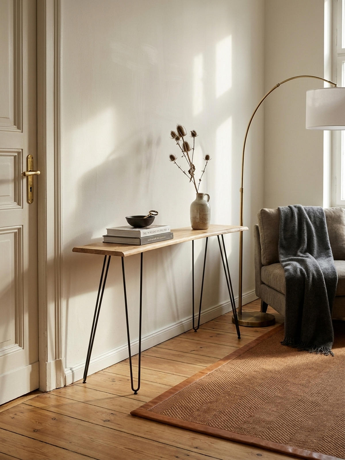 KONSOLENTISCH – Akazie Massivholz, 150x36x75 cm, mit Baumkante, Haarnadelbeine, Metallgestell - Schwarz/Akaziefarben, Holz/Metall (36/150/75cm) - KADIMA DESIGN