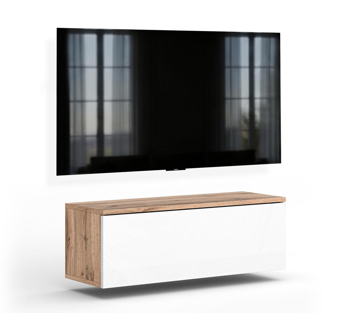 LOWBOARD Barvo 100 Eiche Wotan / Weiß Hochglanz 100/34/32 cm – hängendes TV-Board - Braun/Weiß, Holzwerkstoff (100/34/32cm) - AX Living