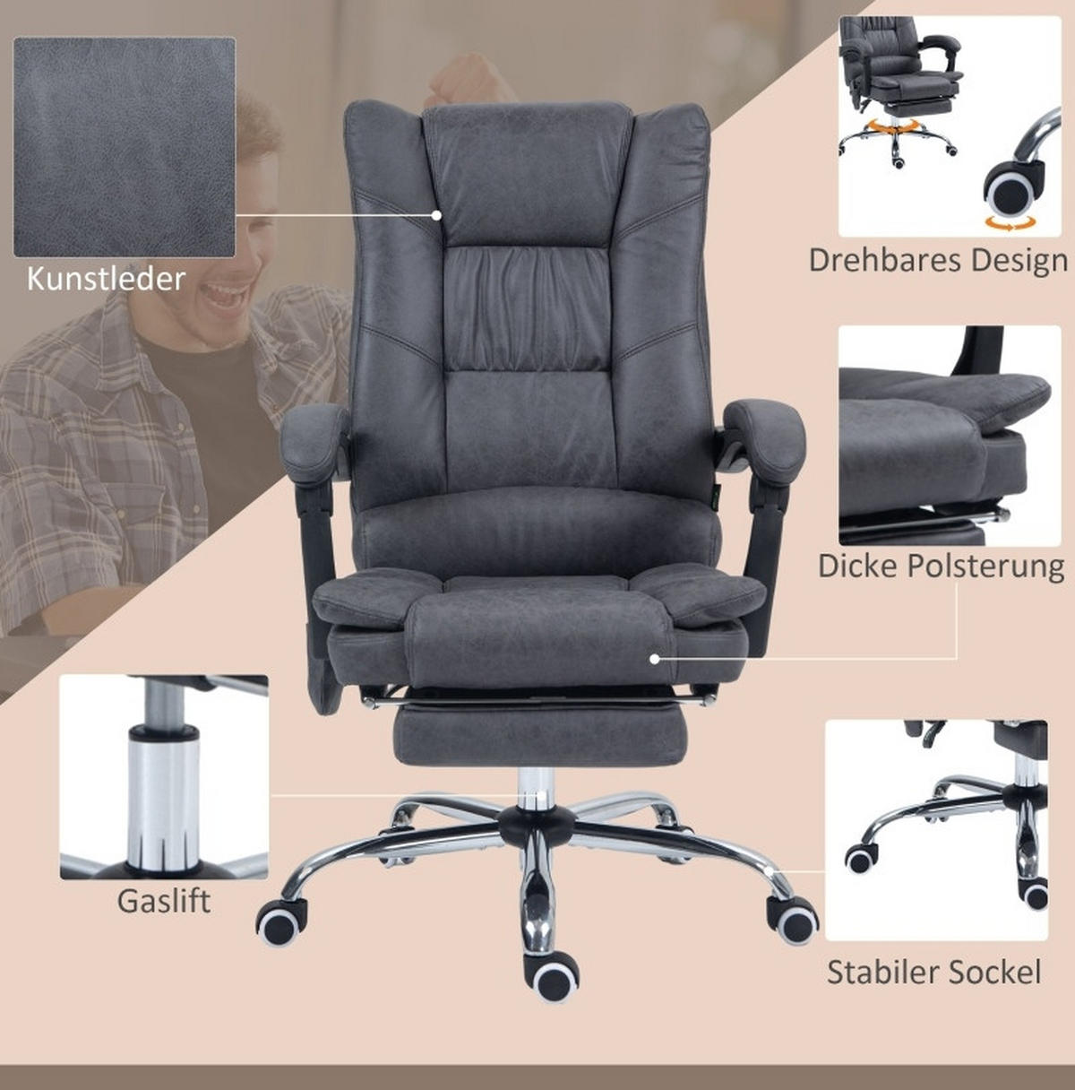BÜROSTUHL mit Massagefunktion höhenverstellbar Dark Grey - Dunkelgrau, Kunststoff (70/118/64cm) - Meubliv