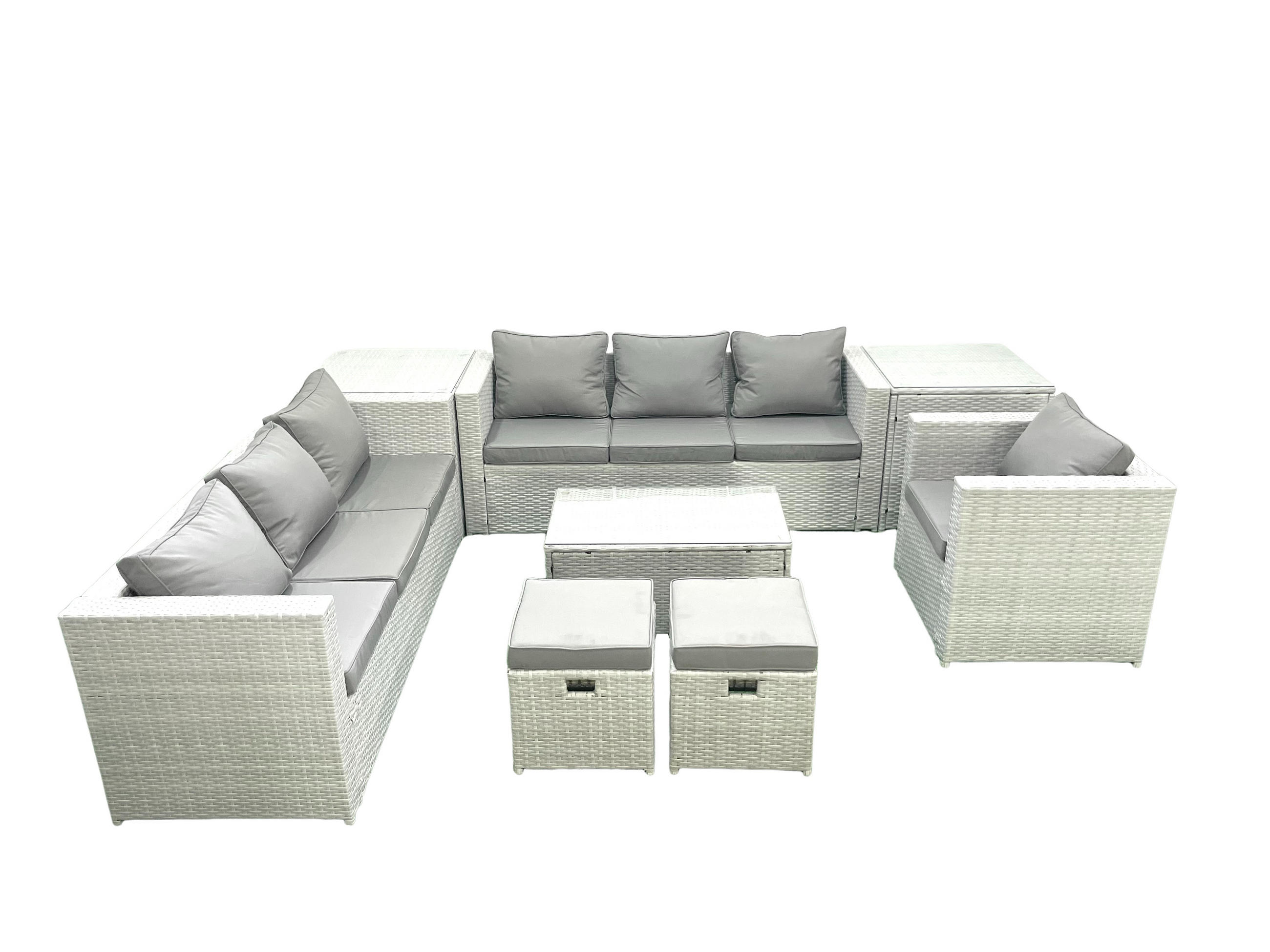 GARTENGARNITUR mit 3-SITZER SOFA,COUCHTISCH Polyrattan Hellgrau-Mix 9-Sitzer - Hellgrau/Grau, Glas/Kunststoff - Fimous