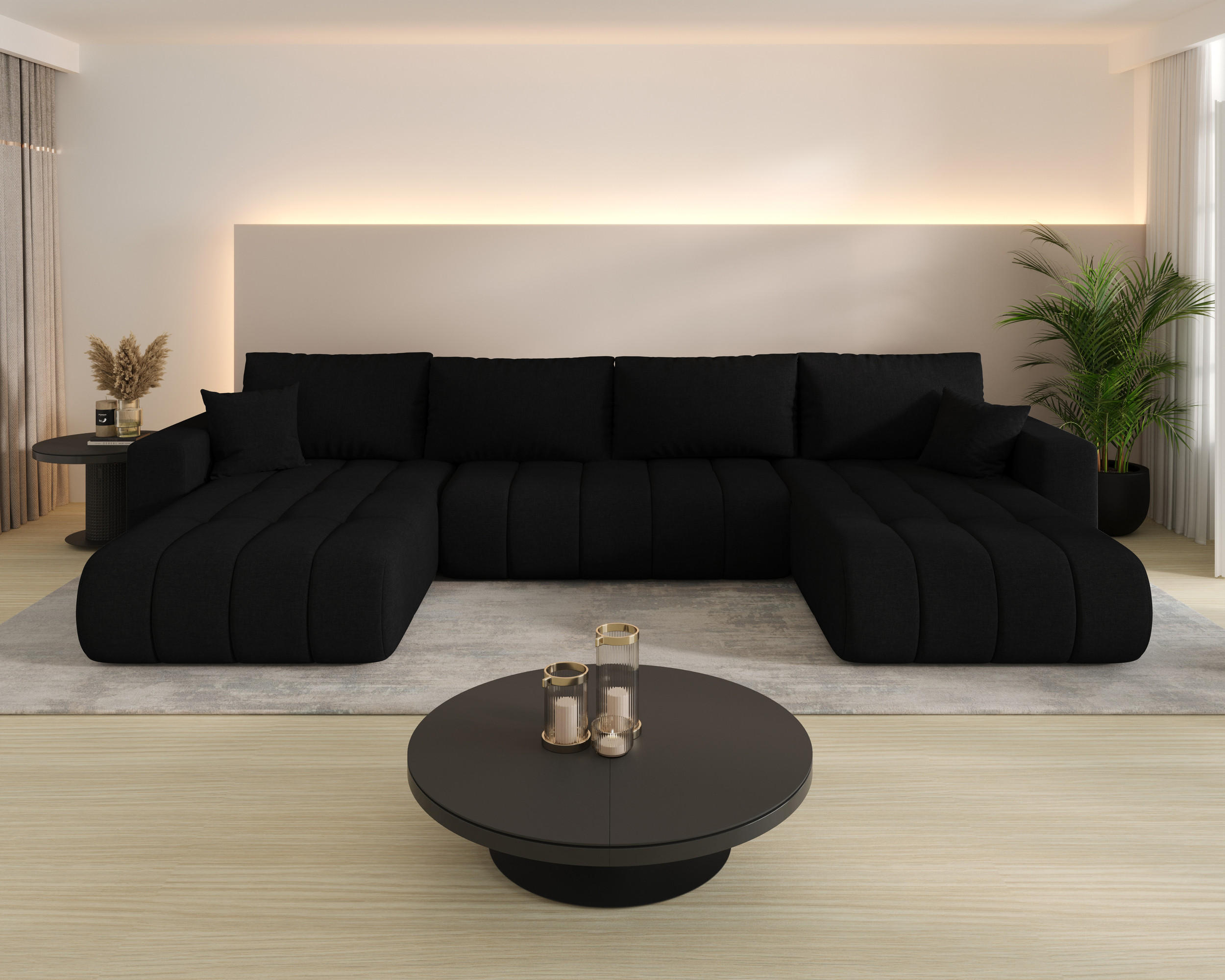 WOHNLANDSCHAFT ARDEN-U Samt mit Schlaffunktion und Bettkasten SCHWARZ - Schwarz, Textil (384/85/175cm) - Luxkor24