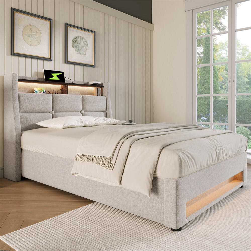 POLSTERBETT 90/200 cm in Linen mit USB - Beige, Holz/Textil (90/200cm) - KOMHTOM